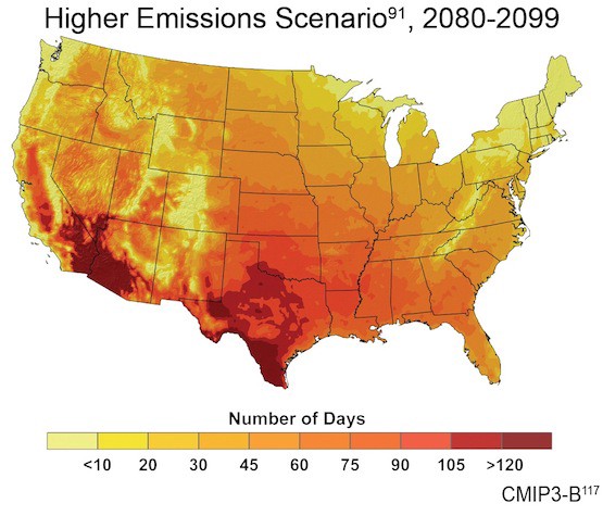 Days above 100°F in higher emissions (business as usual) scenario.
