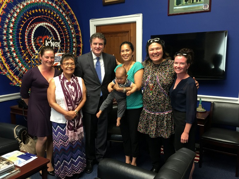 From left: Monica Scherer of Alaska Wilderness League, Lorraine Netro, Princess Daazhraii Johnson (with son), Allison Akootchook Warden, and Jessica Girard of the Northern Alaska Environmental Center meet with Rep. Mike Fitzpatrick (R-PA). CREDIT: PRINCESS DAAZHRAII JOHNSON