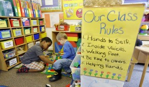 Children play with Legos in a pre-K class at the Community Day Center for Children in Seattle. CREDIT: Ted S. Warren, AP