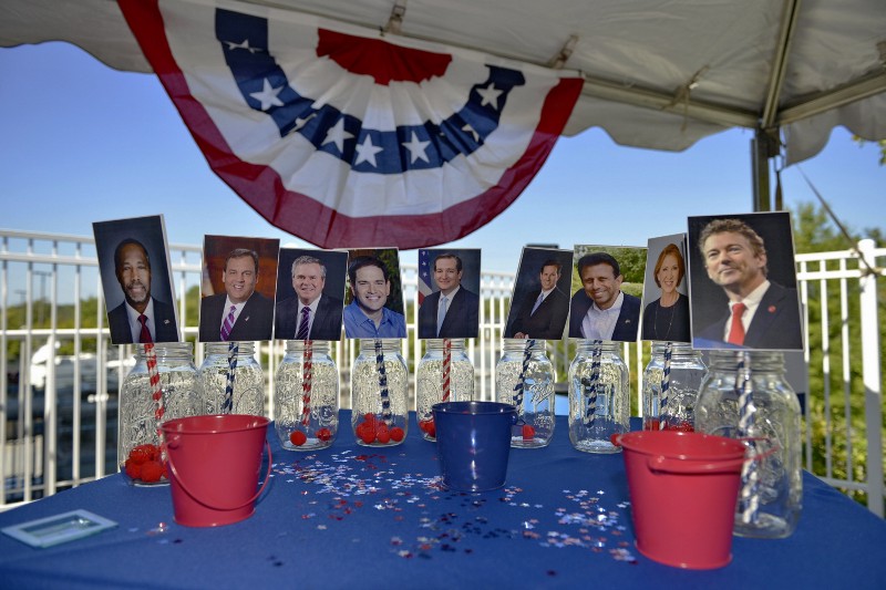 A table setting showing off the presidential candidates is on display at a presidential forum sponsored by Heritage Action at the Bon Secours Wellness Arena, Friday, Sept. 18, 2015, in Greenville, S.C. CREDIT: AP PHOTO/RICHARD SHIRO