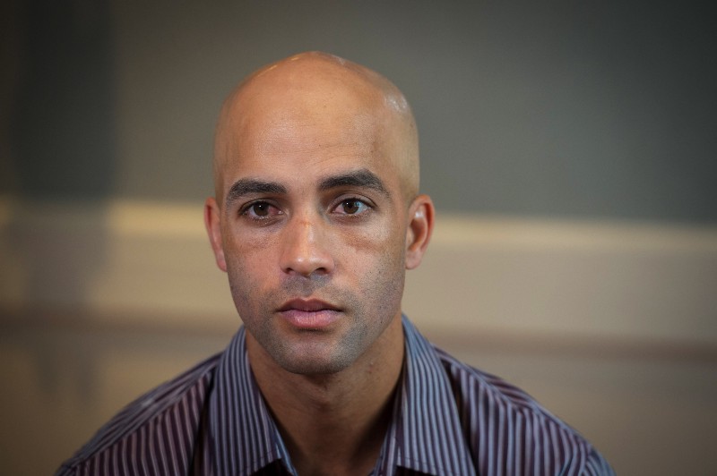 Former tennis star James Blake discusses his mistaken arrest by the New York City Police Department during an interview, Saturday, Sept. 12, 2015, in New York. CREDIT: AP PHOTO/BRYAN R. SMITH