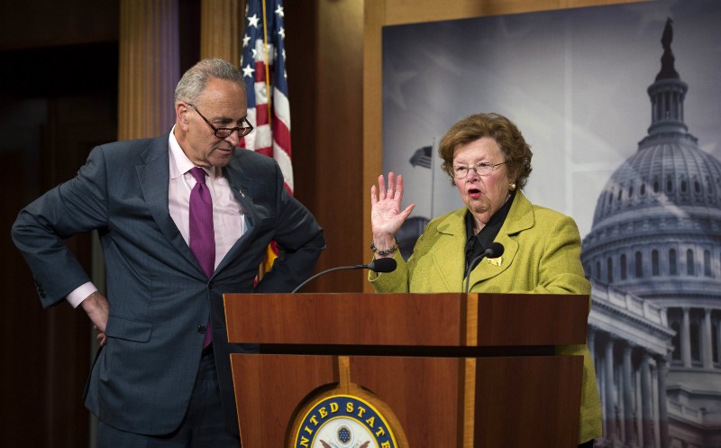 Sen. Barbara Mikulski, D-Md., accompanied by Sen. Charles Schumer, D-N.Y., speaks during a news conference on Capitol Hill in Washington, Tuesday, June 9, 2015. CREDIT: AP PHOTO/MOLLY RILEY