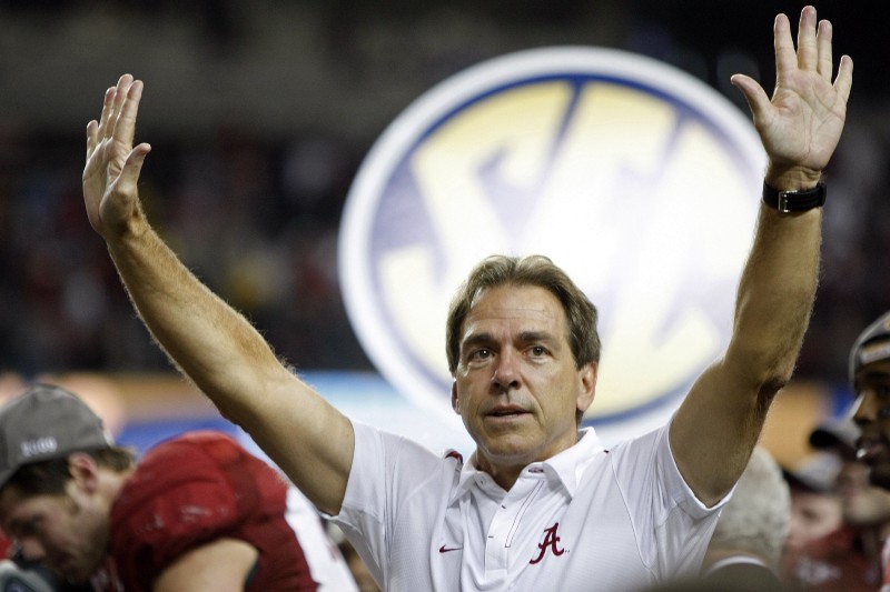 At over $7 million a year, Alabama head football coach Nick Saban is technically the highest-paid public employee in America CREDIT: AP PHOTO/DAVE MARTIN