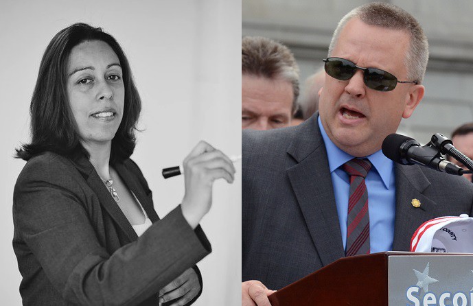 Right: Pennsylvania state Rep. Leslie Acosta. Left: Pennsylvania state Rep. Daryl Metcalfe. CREDIT: LESLIE ACOSTA FACEBOOK PAGE/AP PHOTO