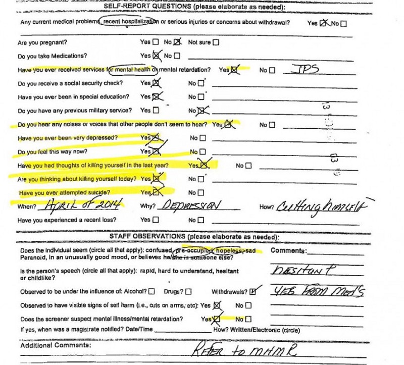 Screening form of an inmate who killed himself in a Texas jail.
