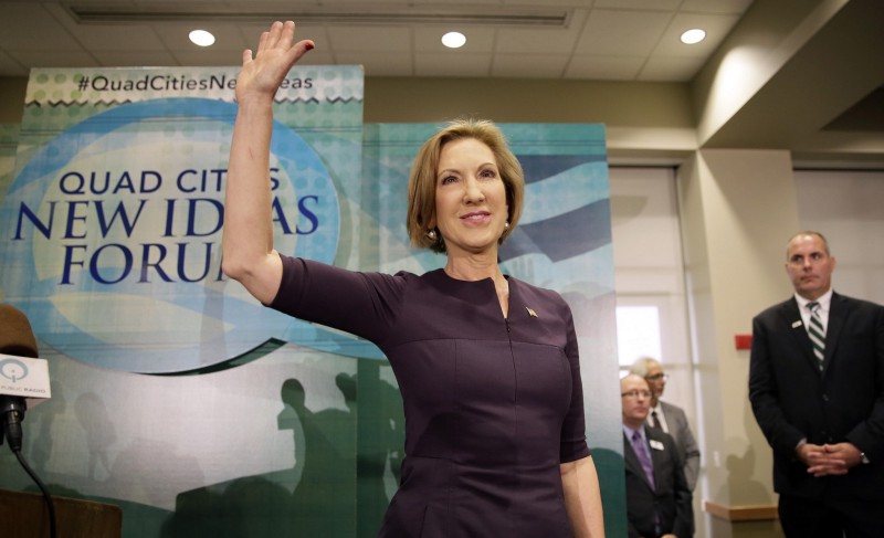 Republican presidential candidate Carly Fiorina waves to supporters after speaking at the Quad Cities New Ideas Forum, Friday, Sept. 25, 2015, in Davenport, Iowa. CREDIT: AP PHOTO/CHARLIE NEIBERGALL