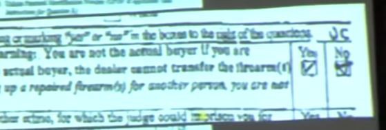 Collins checked the box “no” that he was not the actual recipient of the gun he was buying before crossing it out and checking “yes.” CREDIT: ABC screenshot