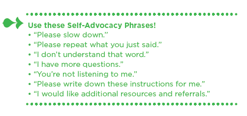 Self-advocacy language included in the Empowered Fe Fe’s guidebook.
