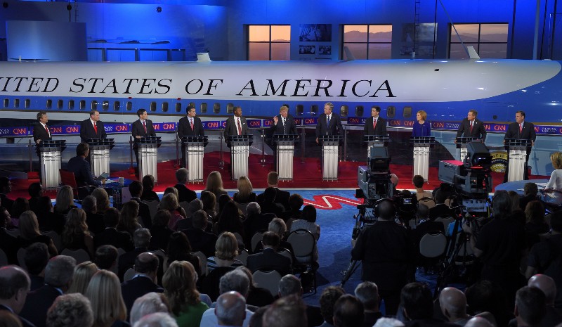 The candidates stand behind their podiums during the CNN Republican presidential debate at the Ronald Reagan Presidential Library and Museum, Wednesday, Sept. 16, 2015, in Simi Valley, Calif. CREDIT: AP PHOTO/MARK J. TERRILL