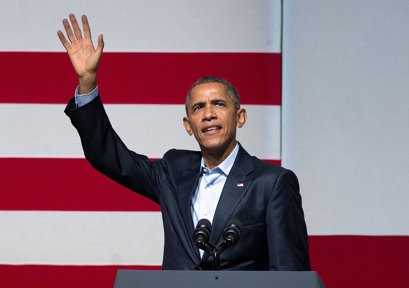 President Barack Obama waves to guests as he takes the stage during a Democratic fundraiser at the Warfield Theater, Saturday, Oct. 10, 2015 in San Francisco. (AP Photo/Pablo Martinez Monsivais) CREDIT: PABLO MARTINEZ MONSIVAIS, AP