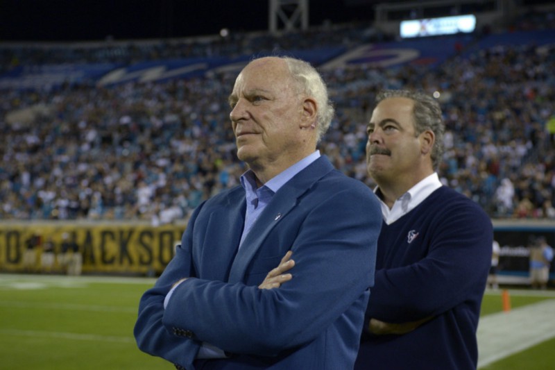 Houston Texans owner Robert McNair flanked by vice chairman D. Cal McNair. CREDIT: AP PHOTO/PHELAN M. EBENHACK