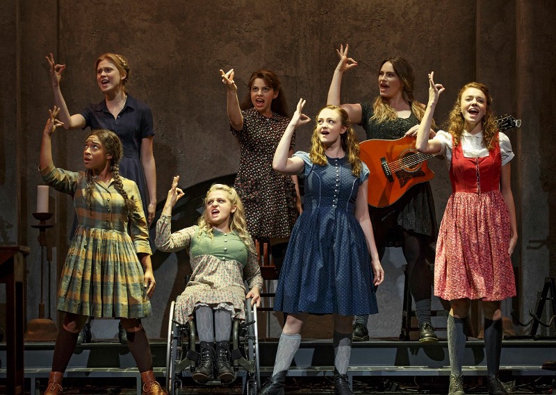 Counter-clockwise from bottom left: Treshelle Edmond, Ali Stroker, Amelia Hensley, Lauren Luiz, Kathryn Gallagher, Krysta Rodriguez, and Alexandra Winter in “Spring Awakening.” CREDIT: JOAN MARCUS