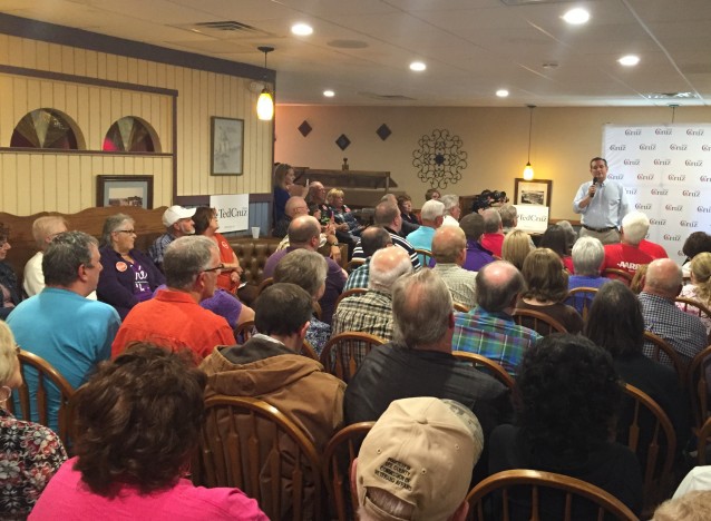 Sen. Ted Cruz speaks with voters at a campaign stop in Keokuk, Iowa. CREDIT: Kira Lerner