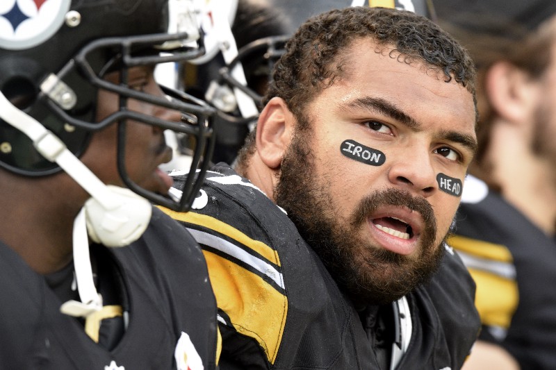 Pittsburgh Steelers defensive end Cameron Heyward (97) has his father’s nickname on his eyeblack as he sits on the bench during an NFL football game against the Arizona Cardinals, Sunday, Oct. 18, 2015, in Pittsburgh. Heyward was reprimanded for wearing it in an earlier game. (AP Photo/Don Wright) CREDIT: DON WRIGHT, AP
