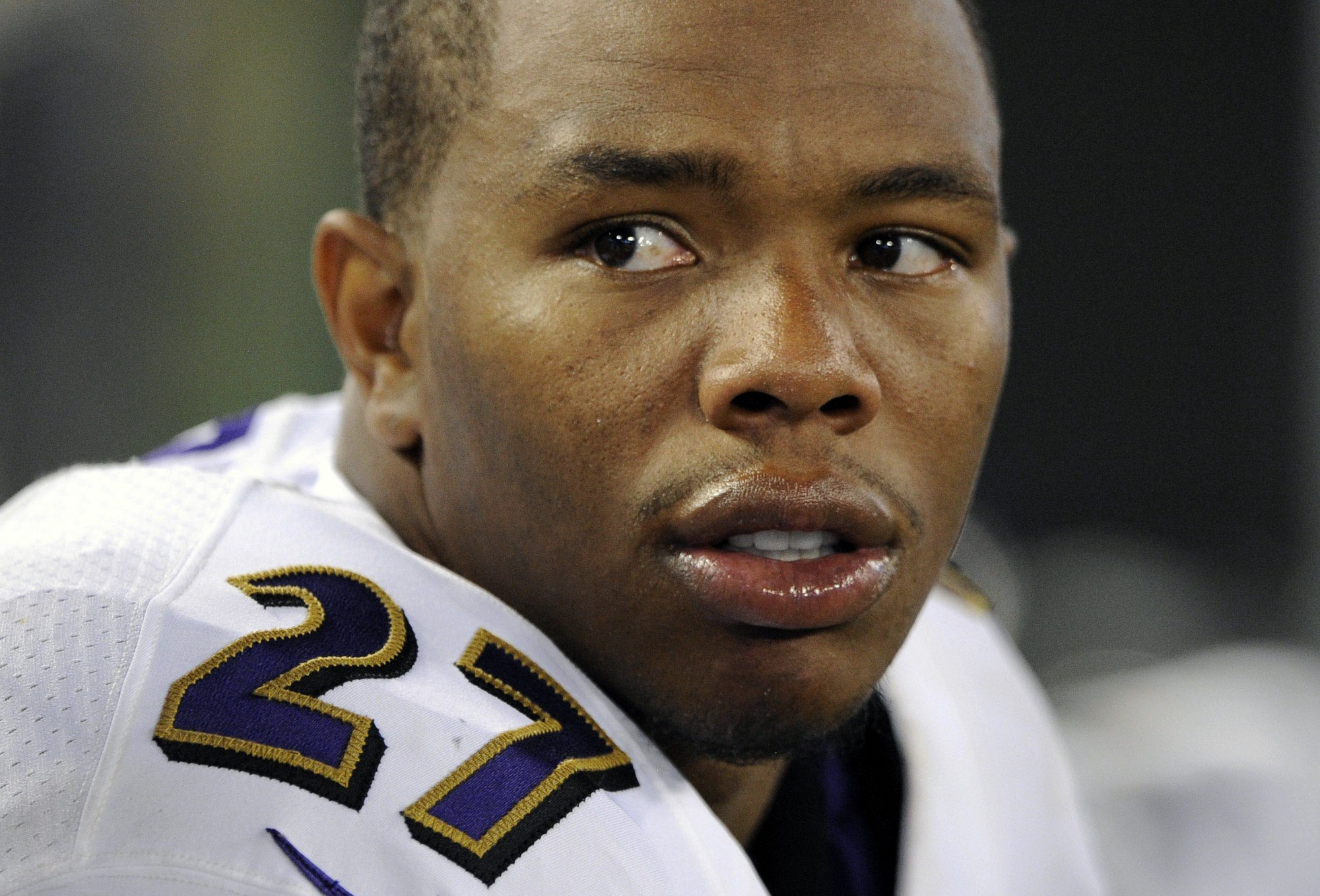 FILE — In this Aug. 7, 2014, file photo, Baltimore Ravens running back Ray Rice sits on the sideline in the first half of an NFL preseason football game against the San Francisco 49ers in Baltimore. CREDIT: NICK WASS, AP