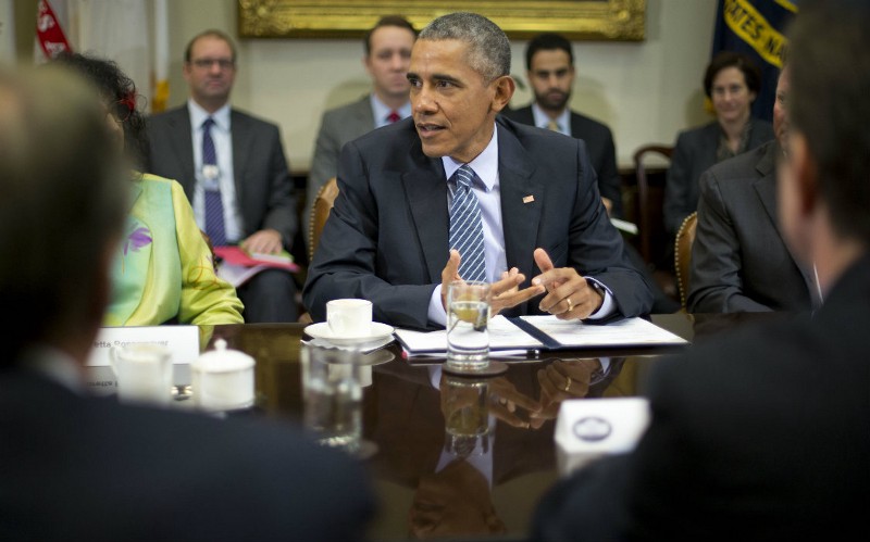 President Barack Obama meets with business leaders in the Roosevelt Room of the White House in Washington, Monday, Oct. 19, 2015. Obama met with the leaders from across the country to discuss the importance of efforts to tackle climate change. CREDIT: AP PHOTO/PABLO MARTINEZ MONSIVAIS