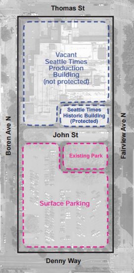 The footprint of a proposed residential development around the historic Seattle Times building CREDIT: Onni Group