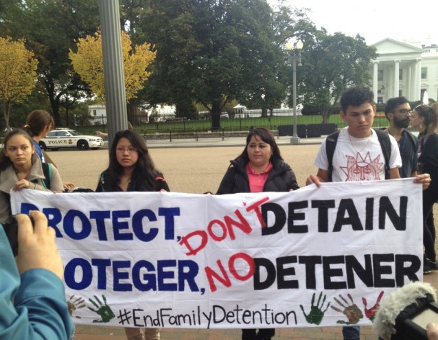 Advocates call on the Obama administration to end the practice of detaining families in detention centers in October 2015. CREDIT: Esther Yu Hsi Lee
