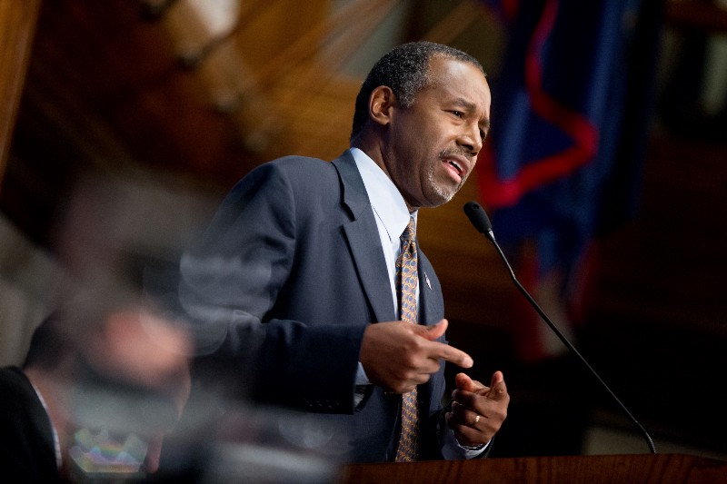 Republican presidential candidate Dr. Ben Carson speaks at a luncheon at the National Press Club in Washington, Friday, Oct. 9, 2015. Carson is promoting a book he has co-authored with his wife Candy Carson entitled ‘A More Perfect Union: What We the People Can Do to Reclaim Our Constitutional Liberties.’ CREDIT: AP PHOTO/ANDREW HARNIK