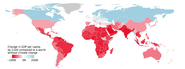 Change in GDP per capita by 2100 compared to a world without climate change. CREDIT: Burke, Hsiang, & Miguel (Nature, 2015)