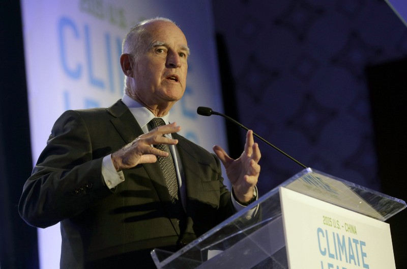 California Gov. Jerry Brown speaks during the White House-organized U.S. — China Climate Leaders Summit, Tuesday, Sept. 15, 2015, in Los Angeles. CREDIT: AP PHOTO/NICK UT