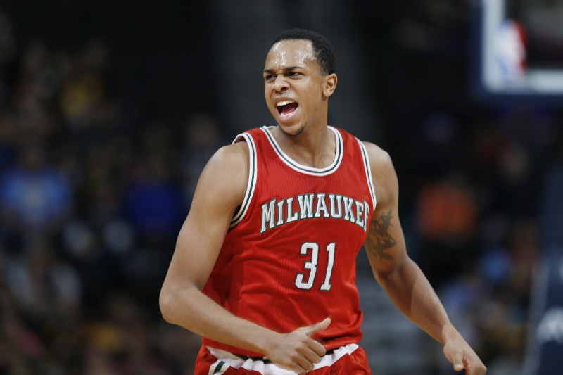 Milwaukee Bucks forward John Henson reacts after sinking a basket against the Denver Nuggets in the third quarter of an NBA basketball game Tuesday, March 3, 2015, in Denver. The Nuggets won 106–95 to break a 10-game home losing streak. (AP Photo/David Zalubowski) CREDIT: DAVID ZALUBOWSKI, AP