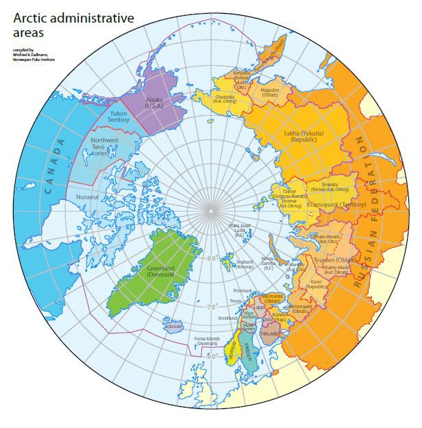 Half of the Arctic coastline is Russian. Currently, countries have economic control for up to 350 miles into the Arctic Ocean, although that status is contended. CREDIT: Arctic Council