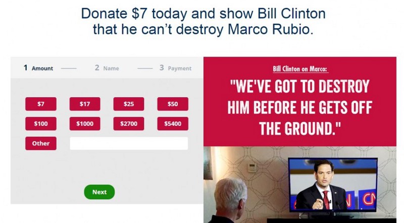 An ad on Rubio’s website asks supporters to donate money, and uses a likely fake Bill Clinton quote to make his case. CREDIT: marcorubio.com/screenshot
