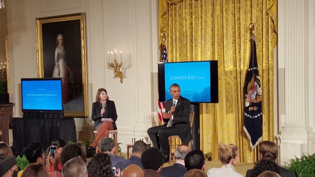 President Barack Obama and Coworker.org co-founder Michelle Miller at the White House Summit on Worker Voice CREDIT: ThinkProgress/Alan Pyke
