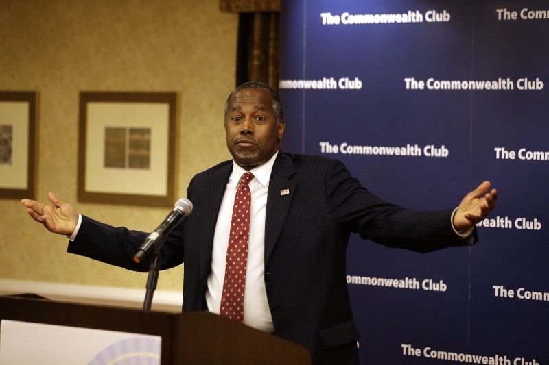 Republican Presidential candidate Dr. Ben Carson answers questions at a news conference after speaking to the Commonwealth Club public affairs forum Tuesday, Sept. 8, 2015, in San Francisco. CREDIT: AP PHOTO/ERIC RISBERG