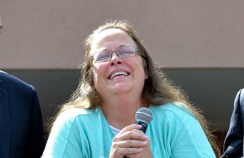 Rowan County Clerk Kim Davis pauses as she speaks after being released from the Carter County Detention Center. CREDIT: AP PHOTO/TIMOTHY D. EASLEY