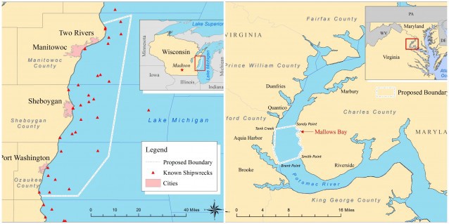 The two planned marine sanctuary sites, along Lake Michigan (left) and in Maryland (right). CREDIT: NOAA