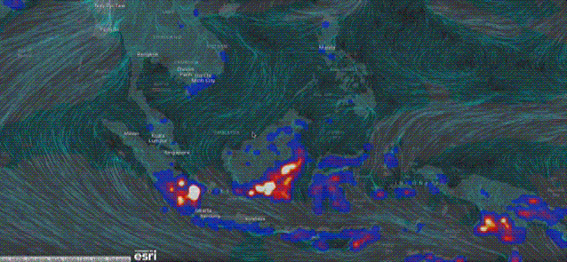 A heat map shows where fires are burning and the wind patterns carrying smoke up through Southeast Asia. CREDIT: Global Forest Fires Watch/Dylan Petrohilos