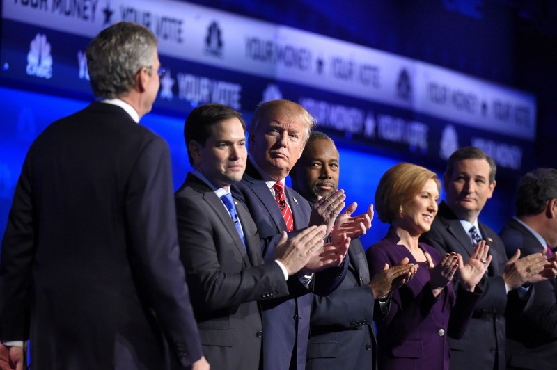 Candidates talk during the CNBC Republican presidential debate at the University of Colorado, Wednesday, Oct. 28, 2015, in Boulder, Colo. CREDIT: AP PHOTO/MARK J. TERRILL