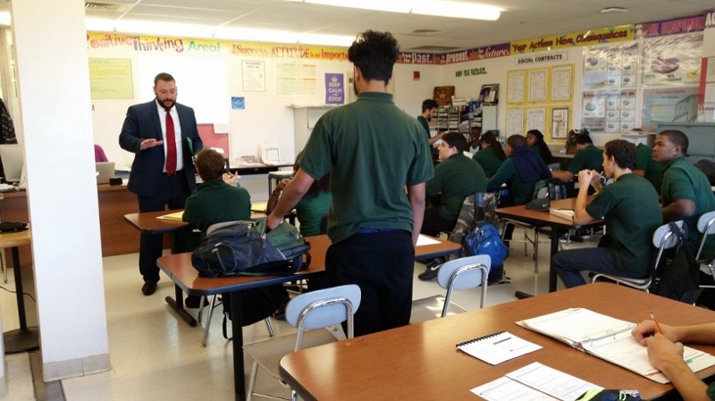 Principal Maziarz speaks to a student in an introduction to engineering class. CREDIT: Casey Quinlan