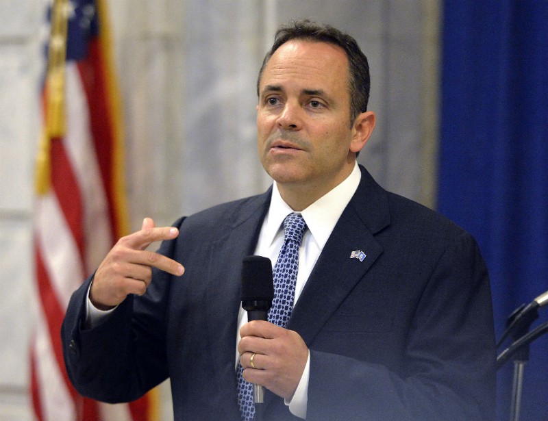 Kentucky Governor-elect Matt Bevin responds to a question during a press conference in the Kentucky State Capitol Rotunda, Friday, Nov. 6, 2015, in Frankfort, Ky. CREDIT: AP PHOTO/TIMOTHY D. EASLEY