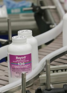 Bottles of Baytril, an animal antibiotic, move along the production line at Bayer Pharmaceuticals in Shawnee, Kan. in 2007. CREDIT: AP Photo/Orlin Wagner