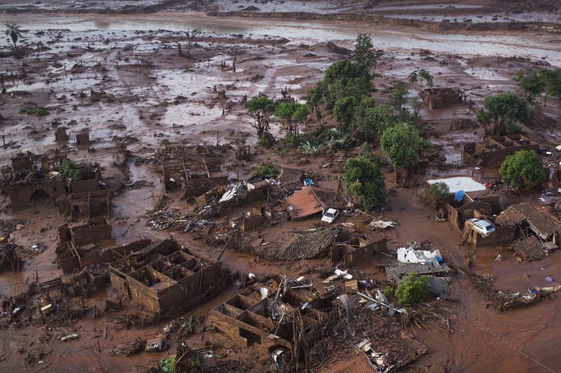 Aerial view of the debris after a dam burst on Thursday, at the small town of Bento Rodrigues in Minas Gerais state, Brazil, Friday, Nov. 6, 2015. CREDIT: AP PHOTO/FELIPE DANA