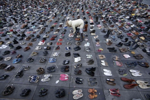 Empty shoes at the Place de la République in Paris. CREDIT: 350.org