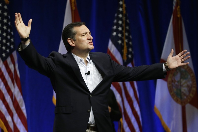 Republican presidential candidate, Sen. Ted Cruz, R-Texas, gestures while addressing the Sunshine Summit in Orlando, Fla., Friday Nov. 13, 2015. CREDIT: AP PHOTO/JOHN RAOUX