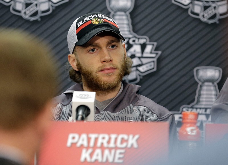 Chicago Blackhawks right wing Patrick Kane listens to a question during a news conference at the NHL hockey Stanley Cup Final, Sunday, June 7, 2015, in Chicago. The Blackhawks and theTampa Bay Lightning 1–1 in the NHL hockey Stanley Cup Final after the Tampa Bay Lightning defeated the Chicago Blackhawks 4–3 in Game 2. Game 3 is scheduled for Monday. (AP Photo/Nam Y. Huh) CREDIT: NAM Y. HUH, AP