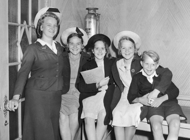 These children, bound for Kenosha, Wis., were all smiles when they arrived in New York, June 21, 1940 aboard the U.S. refugee liner Washington, and for good reason. They escaped bombings twice while fleeing across France, one at Boulogne. They are (left to right): Antoinette Von Gastel, 16, and her sister, Elizabeth, 15, Helen Graf, 12, of Paris, a friend of the children of Mrs. Joseph Von Gastel of Antwerp; Corry Von Gastel, 14, and Hubert Von Gastel, 8. (AP Photo) CREDIT: AP Photo