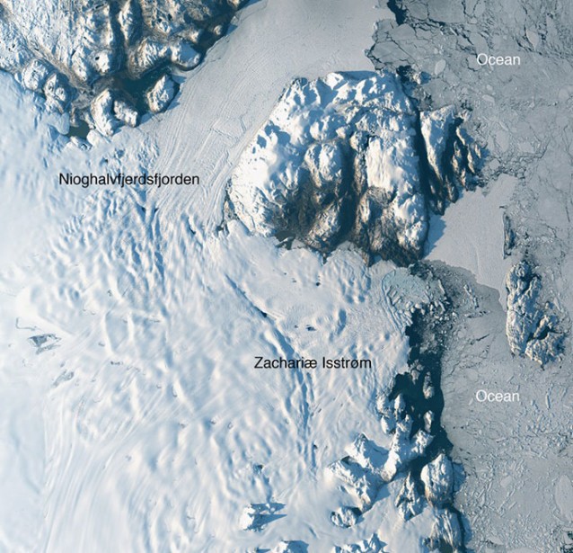 Satellite image taken Aug. 30, 2014, of Zachariæ Isstrøm and Nioghalvfjerdsfjorden, glaciers in northeast Greenland. CREDIT: Credit: Landsat (NASA / USGS)