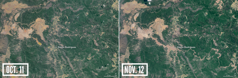 The top image shows the area on October 11, before the incident; the bottom image shows the area afterward, on November 12. CREDIT: Courtesy NASA