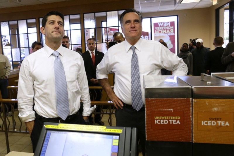 Republican presidential candidate, former Massachusetts Gov. Mitt Romney and his vice presidential running mate, Rep. Paul Ryan, R-Wis., get ready to order as they make an unscheduled stop at a Wendy’s restaurant in Richmond Heights, Ohio, on Election Day, Tuesday, Nov. 6, 2012. CREDIT: AP PHOTO/CHARLES DHARAPAK