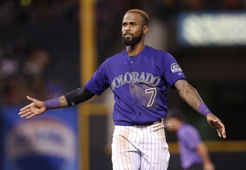 Colorado Rockies’ Jose Reyes reacts after popping out to Seattle Mariners shortstop Brad Miller to end the sixth inning of an inter league baseball game Monday, Aug. 3, 2015, in Denver. (AP Photo/David Zalubowski) CREDIT: DAVID ZALUBOWSKI, AP