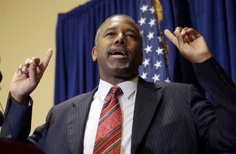 Republican presidential candidate Ben Carson speaks to reporters during a news conference before the Black Republican Caucus of S. Florida “Diamonds & Ice” Scholarship gala, Friday, Nov. 6, 2015, in Palm Beach Gardens, Fla. (AP Photo/Alan Diaz) CREDIT: ALAN DIAZ, AP