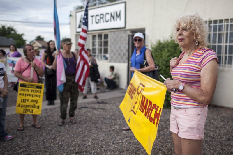 Transgender veteran Denee Mallon protesting in 2014 that Medicare did not cover her transition surgery. CREDIT: AP PHOTO/CRAIG FRITZ
