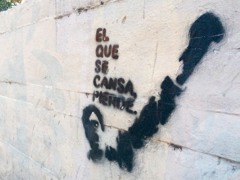 Graffiti supporting Venezuela’s conservative opposition party declares, “He who tires, loses.” CREDIT: ALICE OLLSTEIN