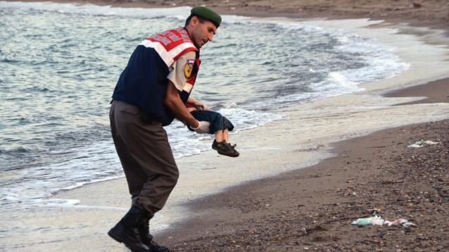 One of the photos of a drowned Kurdish Syrian migrant, Aylan Kurdi CREDIT: AP